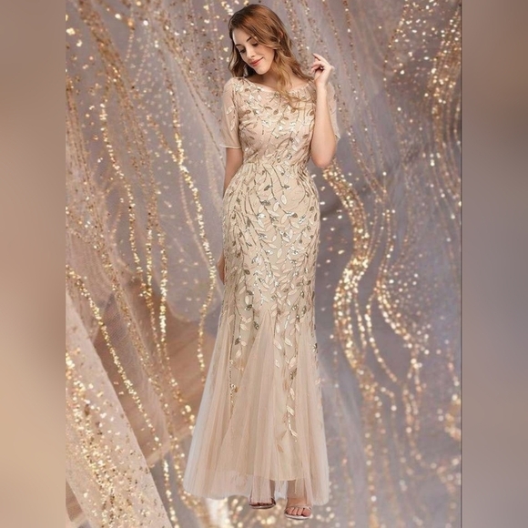 XUCTHHC Dresses & Skirts - XUCTHHC Gold & Champagne Leaf Sequin Godet Gown